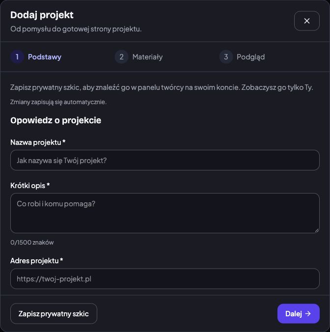 Pusty formularz AppOnline: etapy Podstawy, Materiały i Podgląd oraz zapis prywatnego szkicu